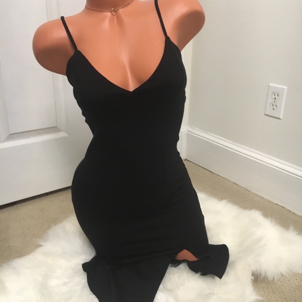 Black slit midi dress